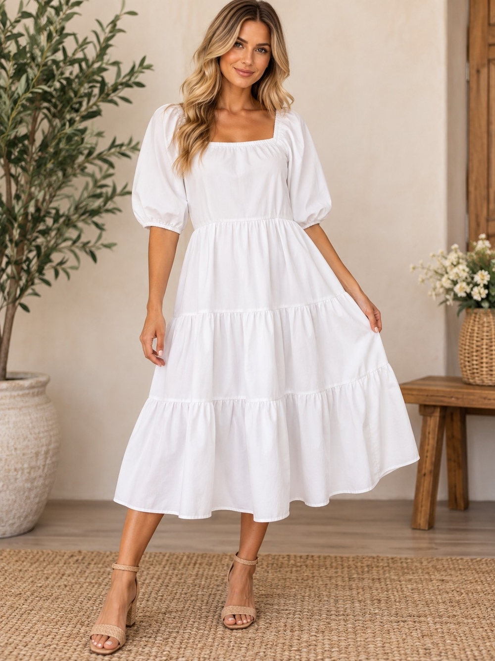 A130. Madison + Hudson Tiered Midi Dress Puff Sleeve White XL Like New